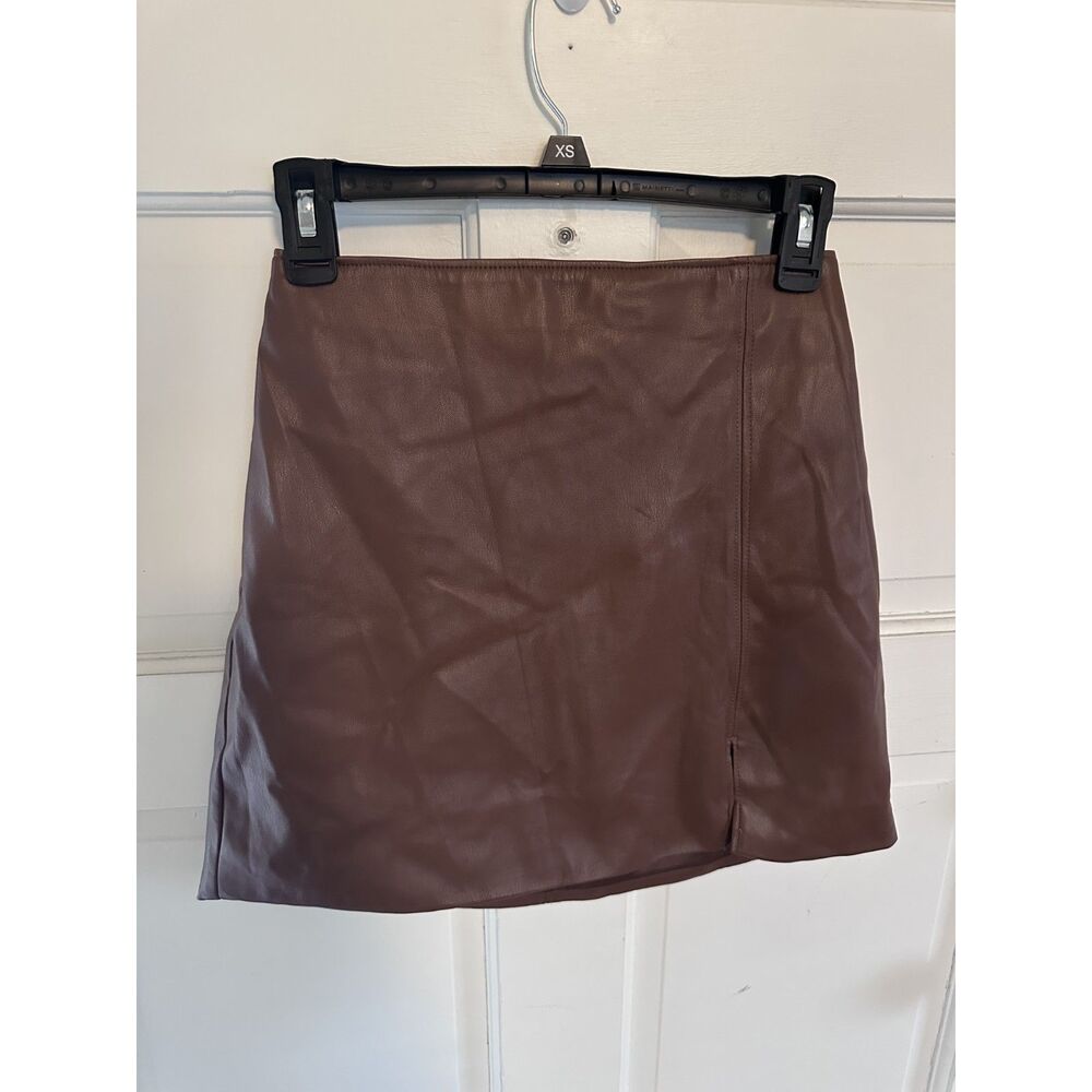 Brown Faux Leather Mini Skirt Front Slit Y2K Fall
